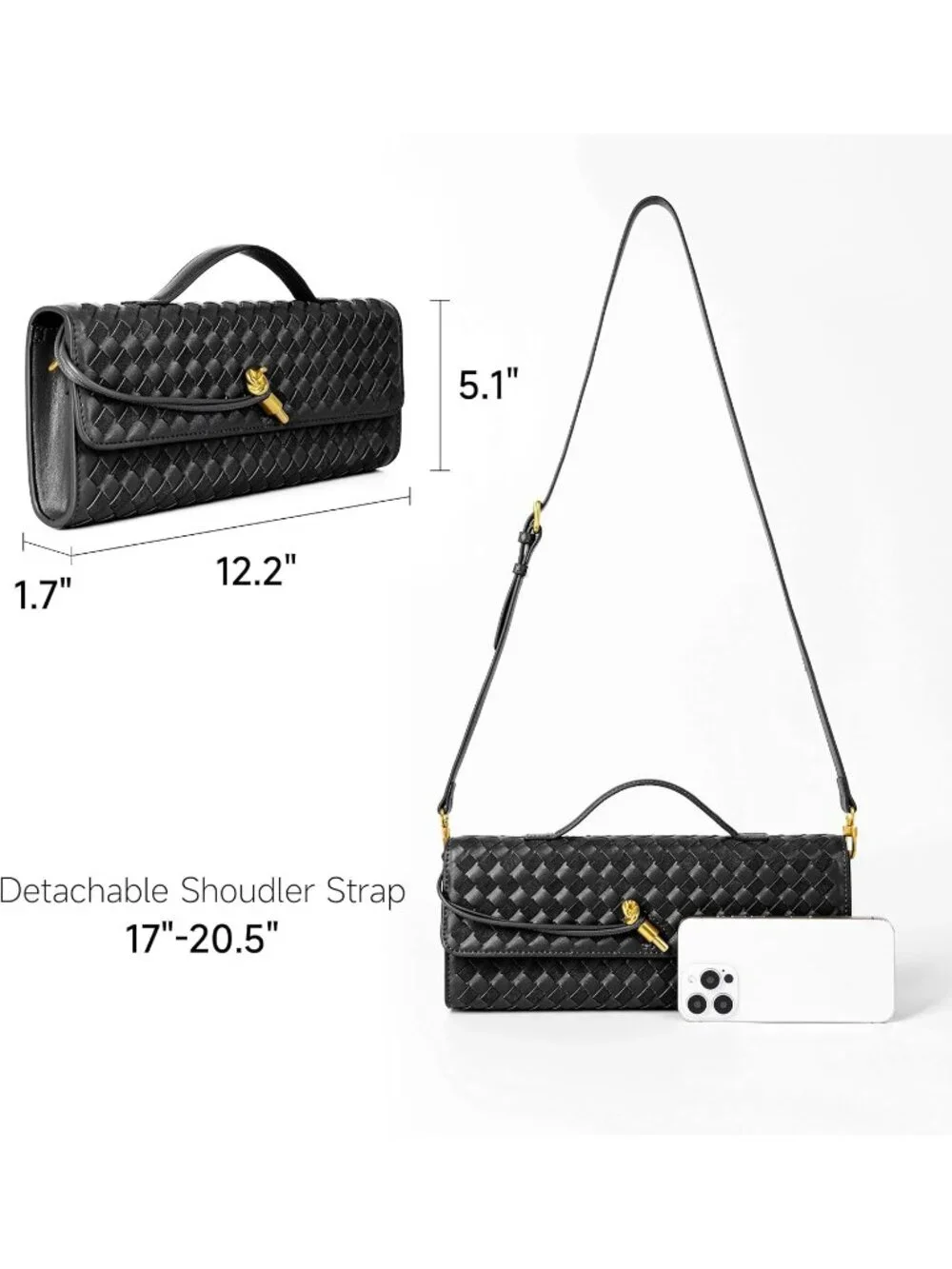 Womens Black Woven Leather Suede Clutch Purse Evening Crossbody Handbag